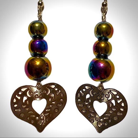 HAND CRAFTED Earrings Rainbow Heart Long Glass Beads Jewelry Silver Dangle - Picture 2 of 7